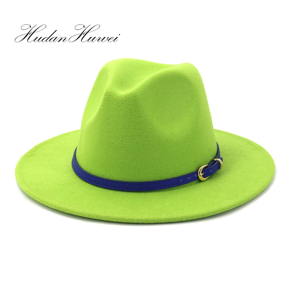 

New Fashion Women Men Elegant Wide Brim Woolen Felt Fedora Hat Jazz Panama Green Black Red Pink Church Hat Caps