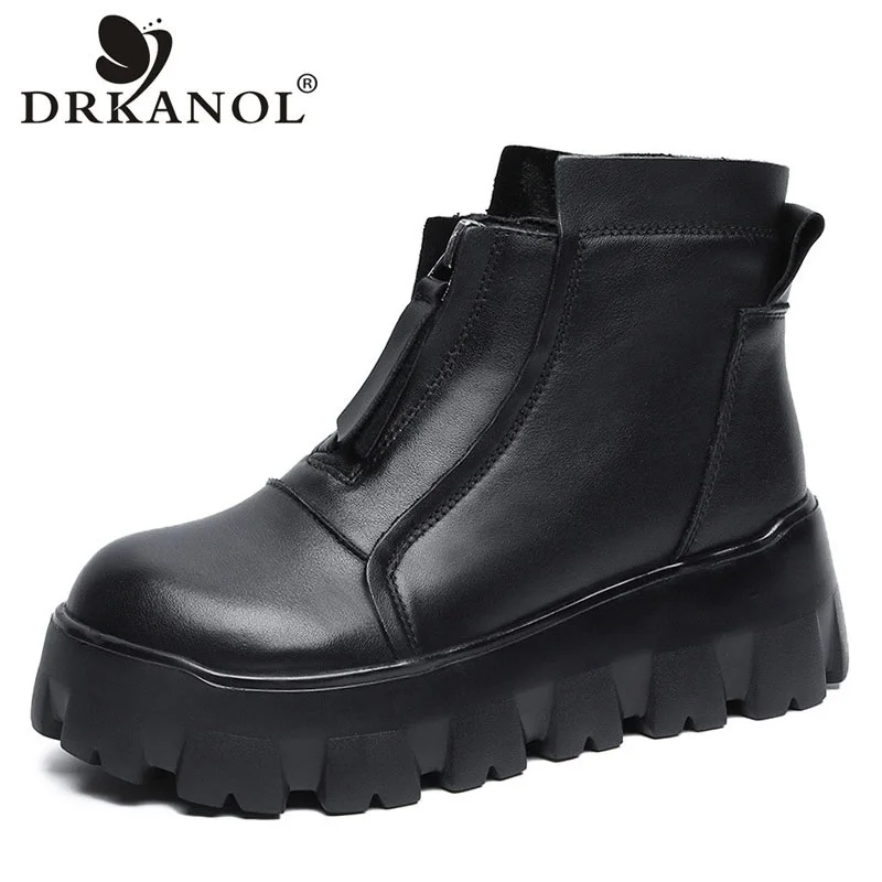 

DRKANOL Brand 2021 Women Boots 100% Genuine Cow Leather Front Zipper Wedges Platform Retro Handmade Ankle Boots For Women Shoes