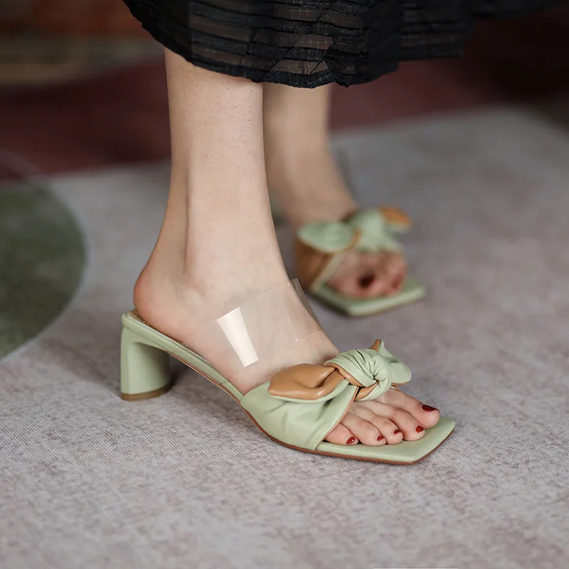 

MORAZORA 2021 New Arrival Women Slippers Square High Heels Ladies Party Shoes Summer Fashion Bowknot Women Mules Shoes