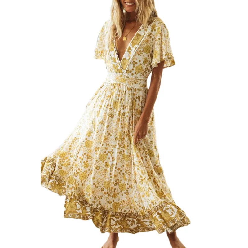 

Floral Summer Dresses Beachwear Outfits 2021 Fashion Women Beach Boho Dress Cover Up Short Sleeve Beach Tunic Dress High Waist