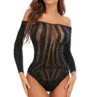 Стразы, сетчатый прозрачный боди с открытыми плечами и длинным рукавом, облегающее боди, топы, Клубное сексуальное винтажное женское белье
