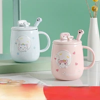 cute cat mug ceramic with spoon and lid personality office cartoon girl heart milk coffee cup kitchen supplies