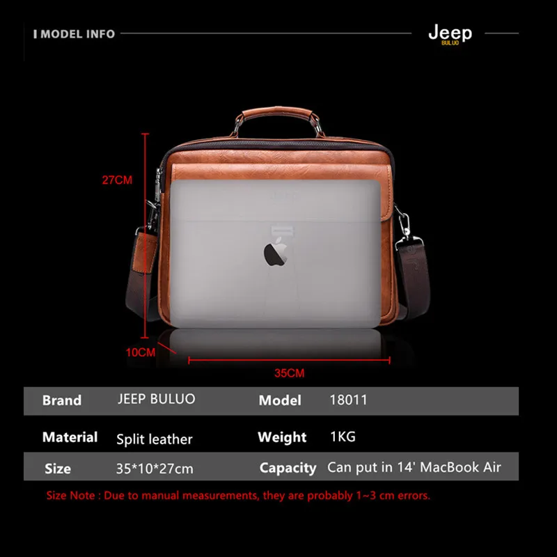 JEEP BULUO Men's Business Briefcase Laptop Bag Waterproof Split Leather Men Computers Handbags Man Shoulder Travel Bags