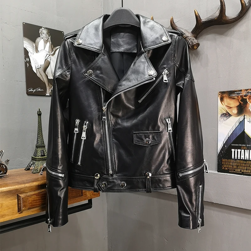Motorcycle Coats Short Real Leather Jackets Coat Female Black 2019 Spring Autumn Sheepskin Genuine Jacket Women QA001 | Женская одежда