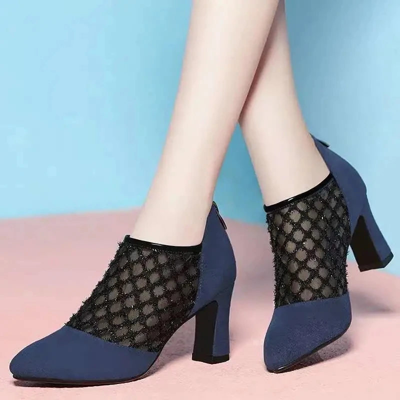 

Laadies party luxury brand heels black pointed toe wedges zipper womens pumps summer casual shoes