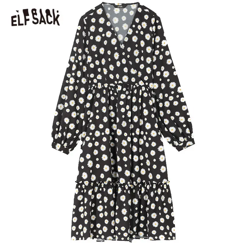 

ELFSACK Black Daisy Flowers Print Casual Chiffon Ruffle Dress Women 2020 Summer ELF Vintage Korean Ladeis Holiday Dresses