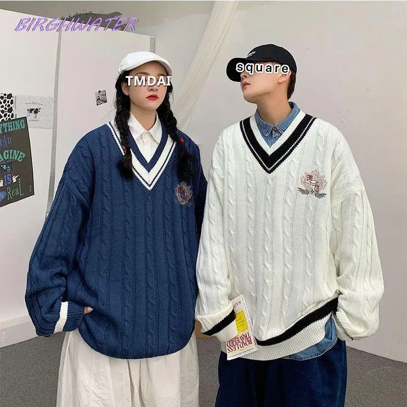 

Couples Sweater Autumn Embroidery V-neck Pullover Tops Korean Loose Lovers Jerseys y2k Vintage Streetwear Women Sweaters