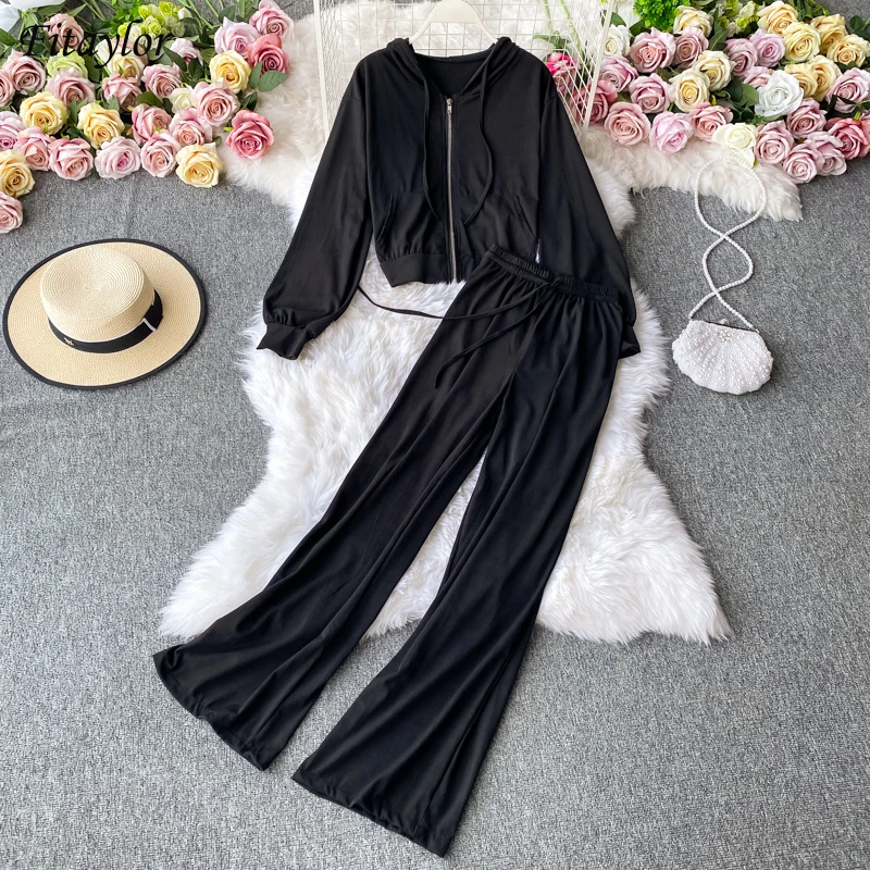 

Fitaylor Women Casual Thin Sports Suit New Long Sleeve Hooded Cardigan Camisole Top High Waist Wide Leg Pants Three Piece Set
