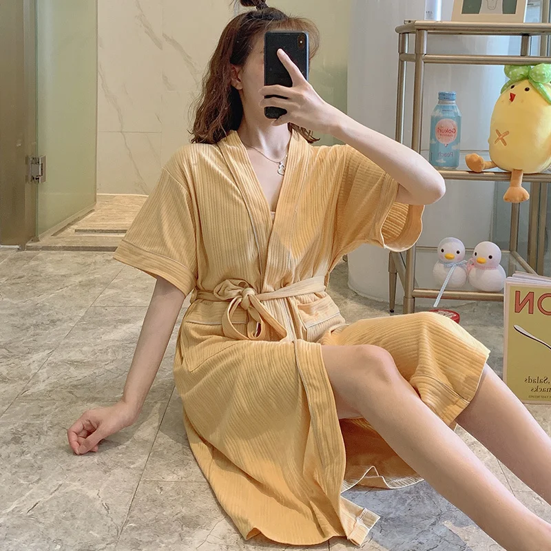

Pajamas For Women 2 Pieces Sets 2021 New Kimono Pajamas Women's Summer Pajamas Yellow 2021new Trending Popular Short-Sleeved Co