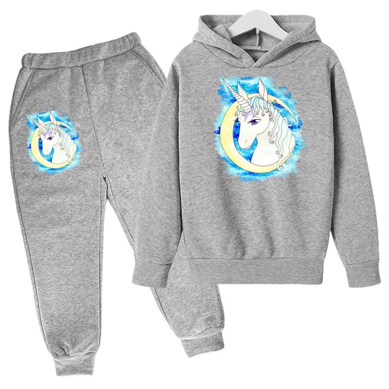 

Cute Unicorn Solid Solor Printing Hoodie Suit Cotton Kids Top+Pant 2Piece Children Clothing Set 4-14Y Fashion Girls Boys Clothes