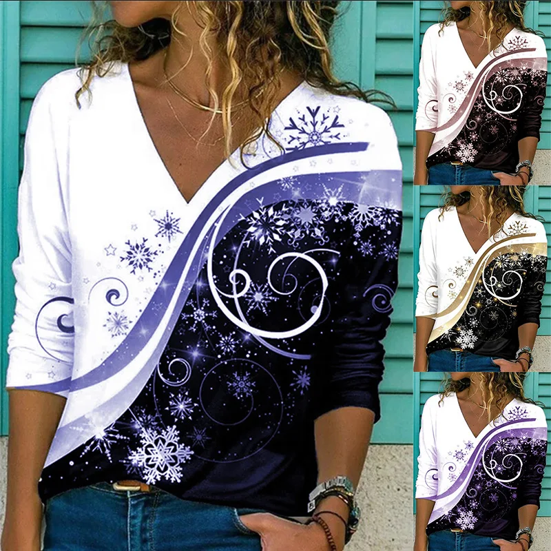 

Women's Clothing 2022 New Spring Fashion Casual V-neck Vintage Floral Printing Long Sleeve T-Shirts Pullover Lady Loose Top Tee