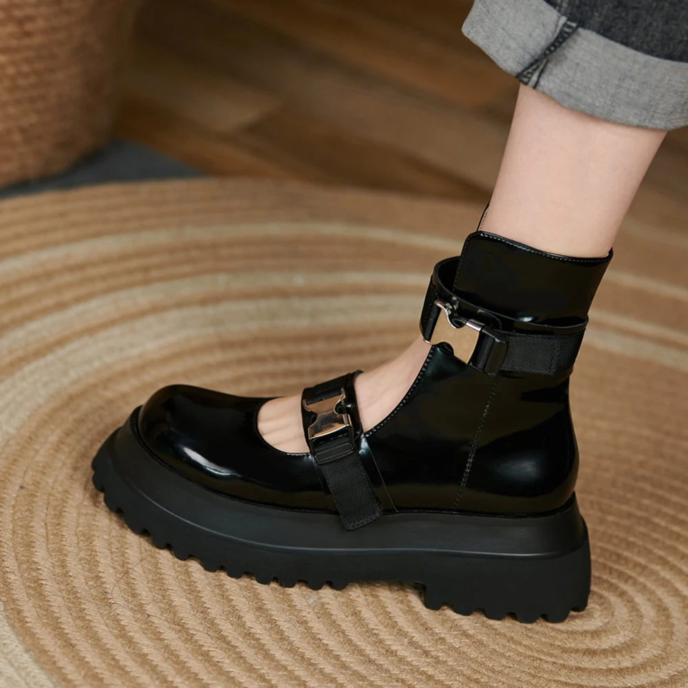 

6cm high heels black white buckle straps round toe platform mature breathable casual gladiator fashion ankle boots TN07 MUYISEXI