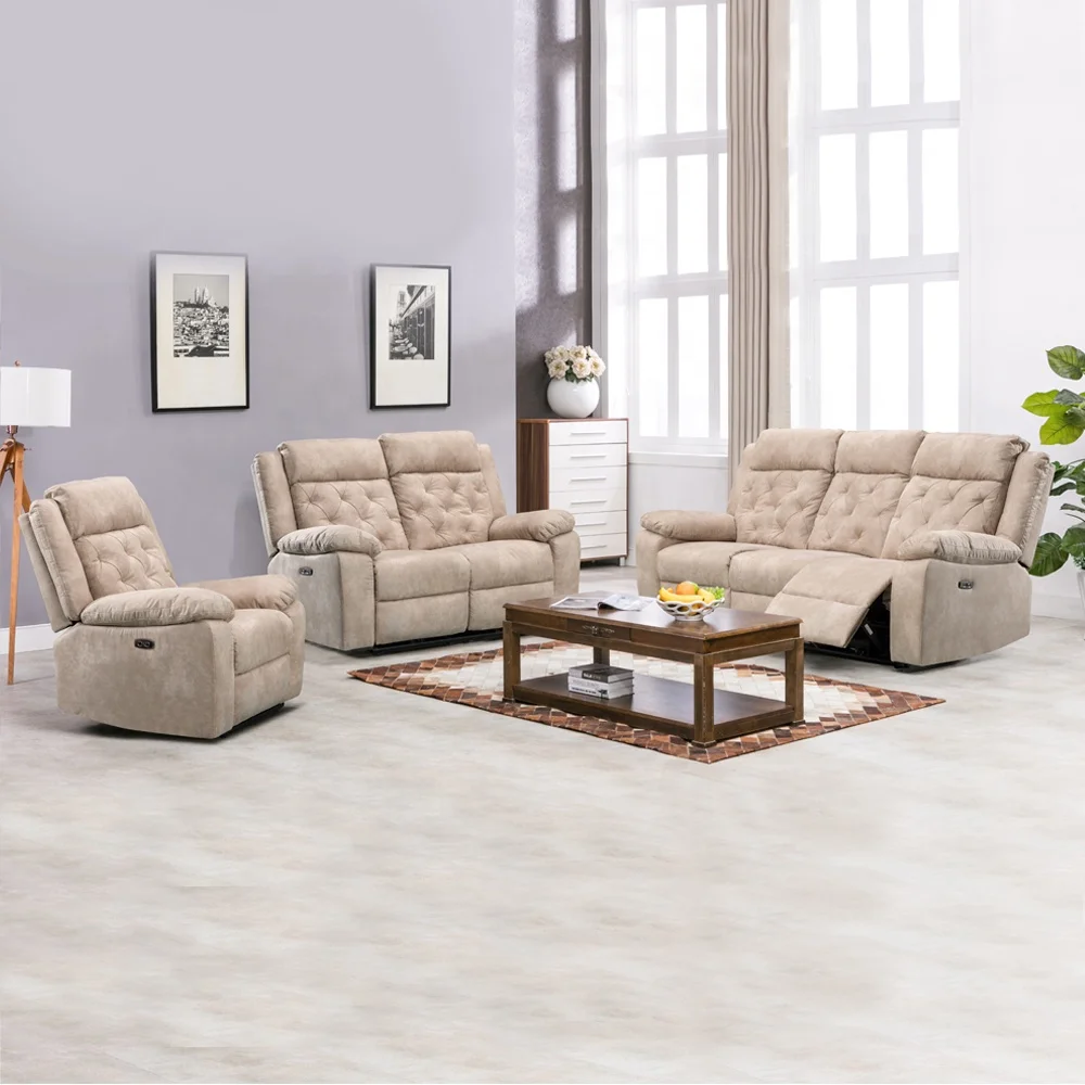 

Palimino Fabric Electric Recliner Sofa Set With USB Charger, Power Reclining Sofa Set