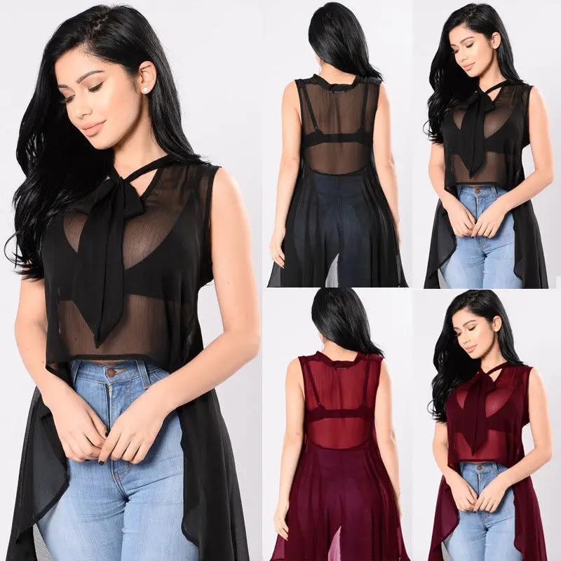 Новая пикантная женская прозрачная Свободная блузка без рукавов с флюороскопией