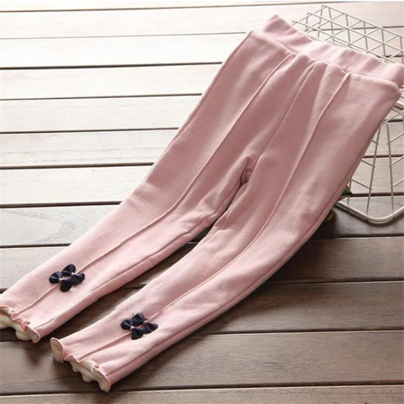 Pink Детские леггинсы, зимние штаны для девочек, теплые бархатные осенние детские леггинсы с бантиком, одежда для девочек 2, 3, 4, 5, 6, 7, 8 лет - Цвет: Pink