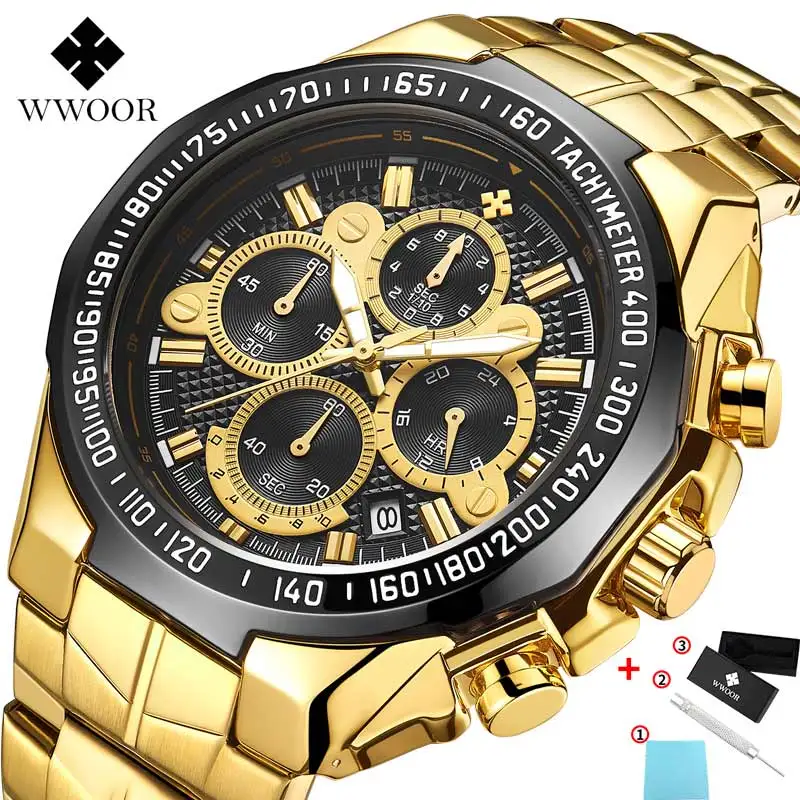 Часы WWOOR мужские спортивные водонепроницаемые золотистые/черные 2020|Кварцевые