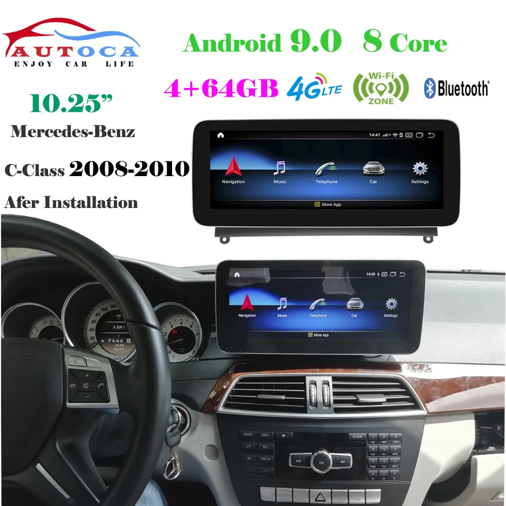 

Автомобильный дисплей Adnroid 9, 10,25 дюйма, для Mercedes Benz C Class C180 C200 C260 C300 2011-2014, радио, экран с GPS-навигацией, Bluetooth