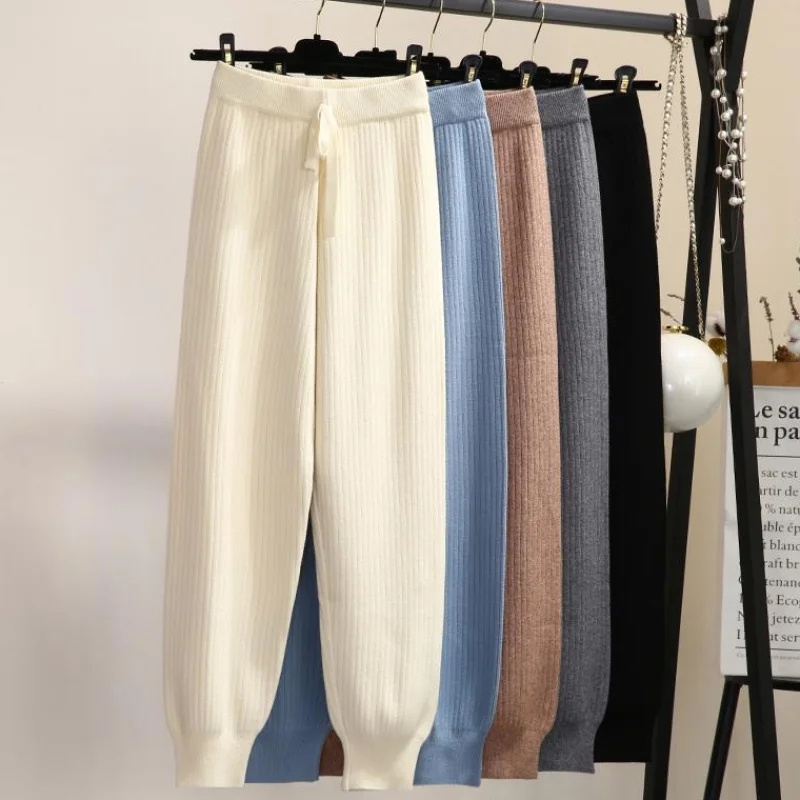 High Quality Autumn Winter Women Elastic Waist Drawstring Trousers Thick Cashmere Knitted Sport swear Harem Pants New Bottoms