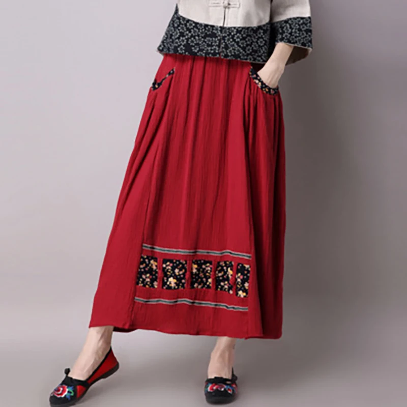 Red Skirt(One Size) Китайское платье Чонсам с национальным цветочным принтом для женщин, юбка, вышивка, танга, Qipao, льняные элегантные платья с длинным рукавом - Цвет: Red Skirt(One Size)