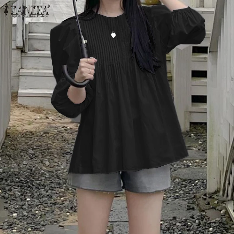

Spring Pleated Ruffle Shirt Women Casual Baggy Blouse ZANZEA Elegant Full Puff Sleeve Chemise Oversize Retro Holiday Tunic Tops