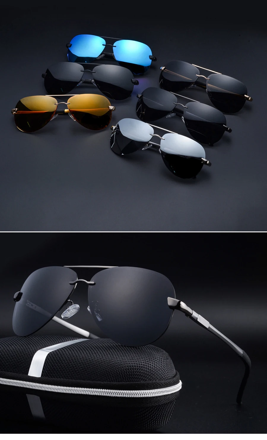 Поляризированне без оправы для вождения солнцезащитные очки Meatl Frame Blue Mirror UV400 Солнцезащитные очки для мужчин с коробкой