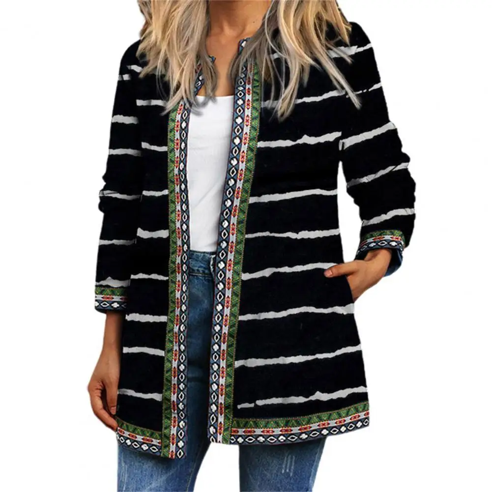

Loose Women Jacket Coat 2021 Ethnic Print Autumn Winter Loose Long Sleeve Round Neck Cardigan Warm Jacket Coat