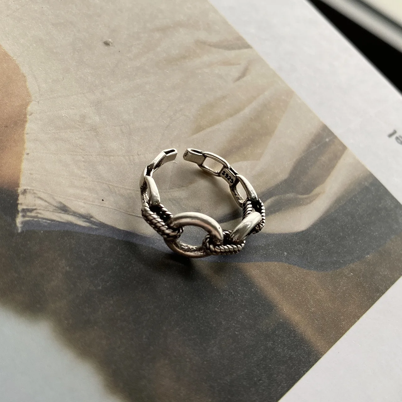 

925 Sterling Silver for Women Ring Retro Chain Geometric Couple Ring Unisex Ring Party Gift Jewelry Adjustable Size Silver Ring