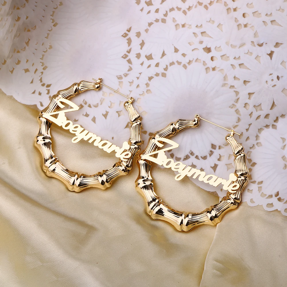 

Gold Custom Bamboo Name Earrings Personalized Nameplate Hoops Hip Hop 30MM-100MM Earrings For Women Jewelry Gifts Christmas Gift