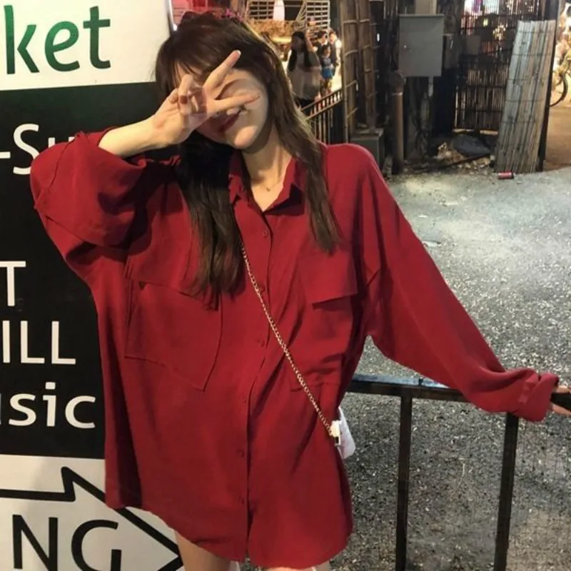 Autumn Womens Loose Blouse Shirts Blusas Long Sleeve Pockets Solid Oversized Blouses Vintage Women Tops Red Wine Outwear Femme |