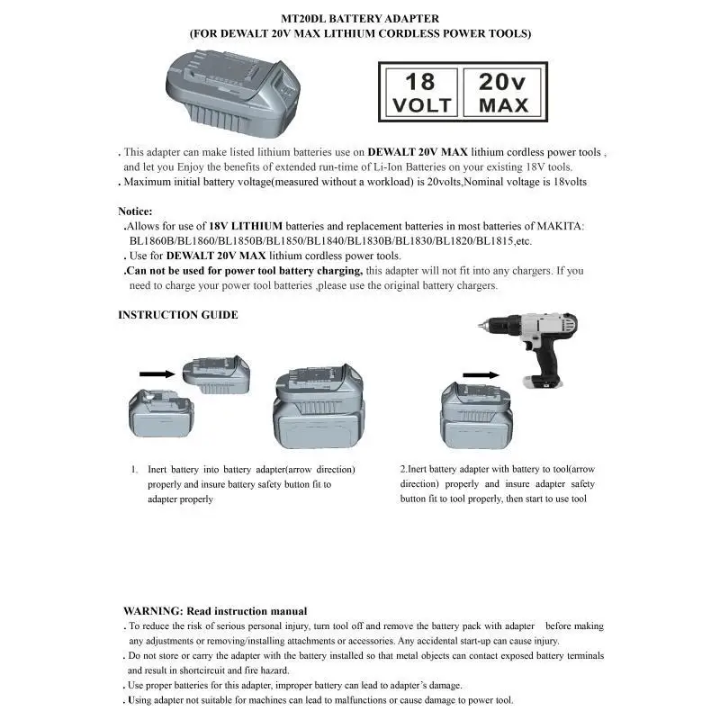 

Mt20Dl Battery Adapter For Makita 18V Bl1830 Bl1860 Bl1815 Li-Ion Battery For Dewalt 18V 20V Dcb200 Li-Ion Battery