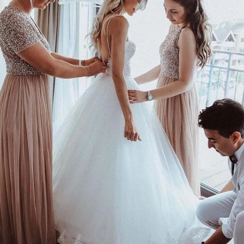 

Boho Wedding Dresses Sweetheart Neckline Backless Lace Appliques Pearls Spaghetti Straps A-Line Beach Floor-Length Bridal Gowns