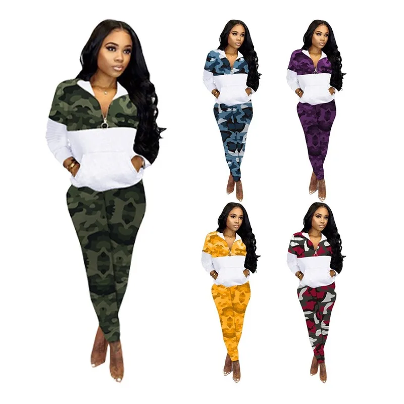 

Autumn Winter sweat suits women Camouflage Splicing Long sleeve two piece set fashion Casual zipper lapel Sweatshirt Sweatpants