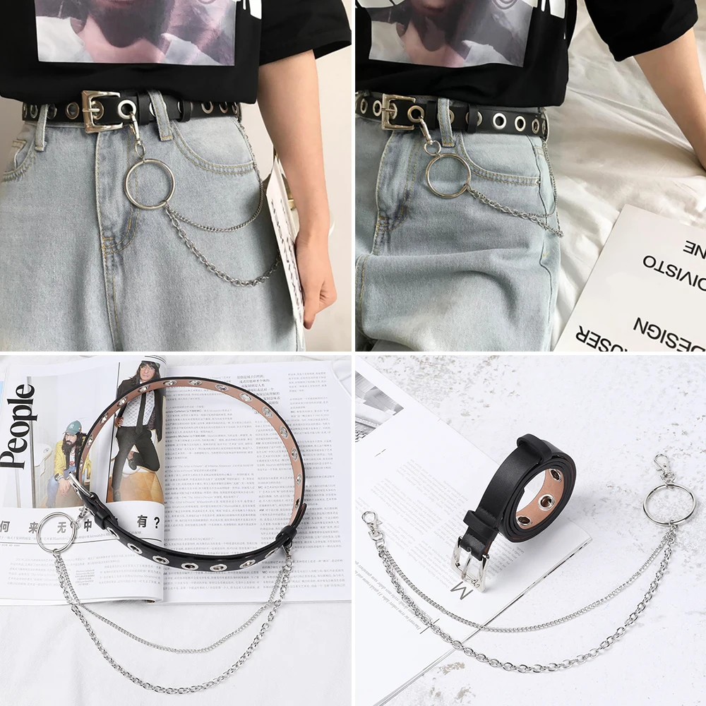 

Fashion 2 Layer Metal Chain Hoop Rings Adjustable Hip Hop Waist Belt Punk PU Leather Belt Individual Decorative Belt Chain Newes
