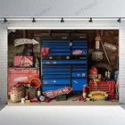 Фон для фотосъемки детей с изображением гаража и механических инструментов
