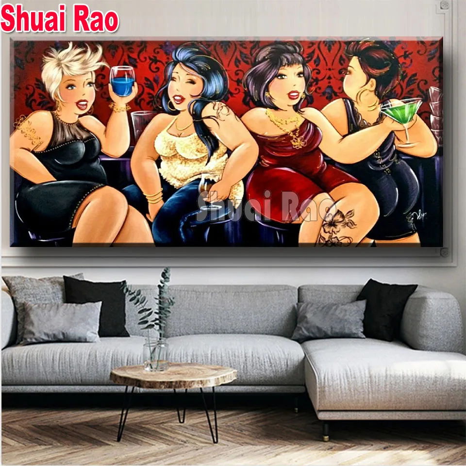 

Large Fat Ladies Diamond Painting Cartoon Woman Full Square/round Drill Mosaic Living Room Background 3D Stereo Wall Art,