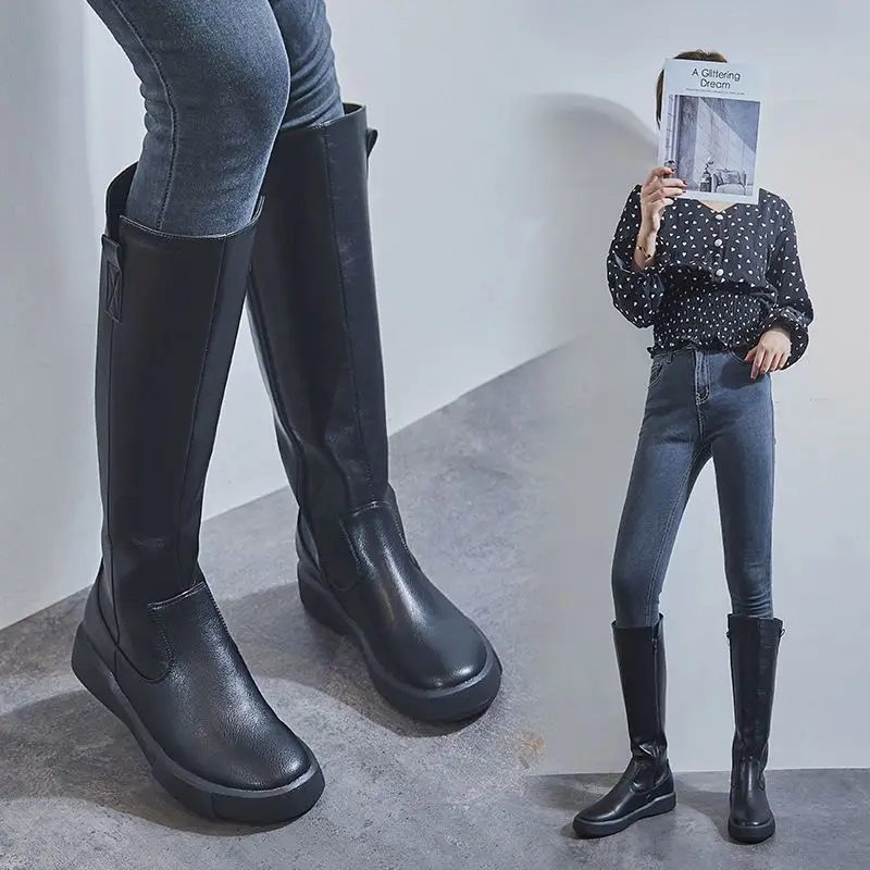 

2021 New Autumn and Winter High Boots Female British Style Fashion Flat Boots Wild Single Boots Long Leather Boots Martin Boots