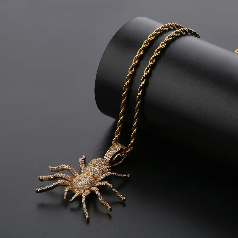 DNSCHIC Iced Out CZ Hip Hop Pendant Spider Necklace for Mens Animal Pendant Chain Gold Silver Black with Twisted Singapore Chain