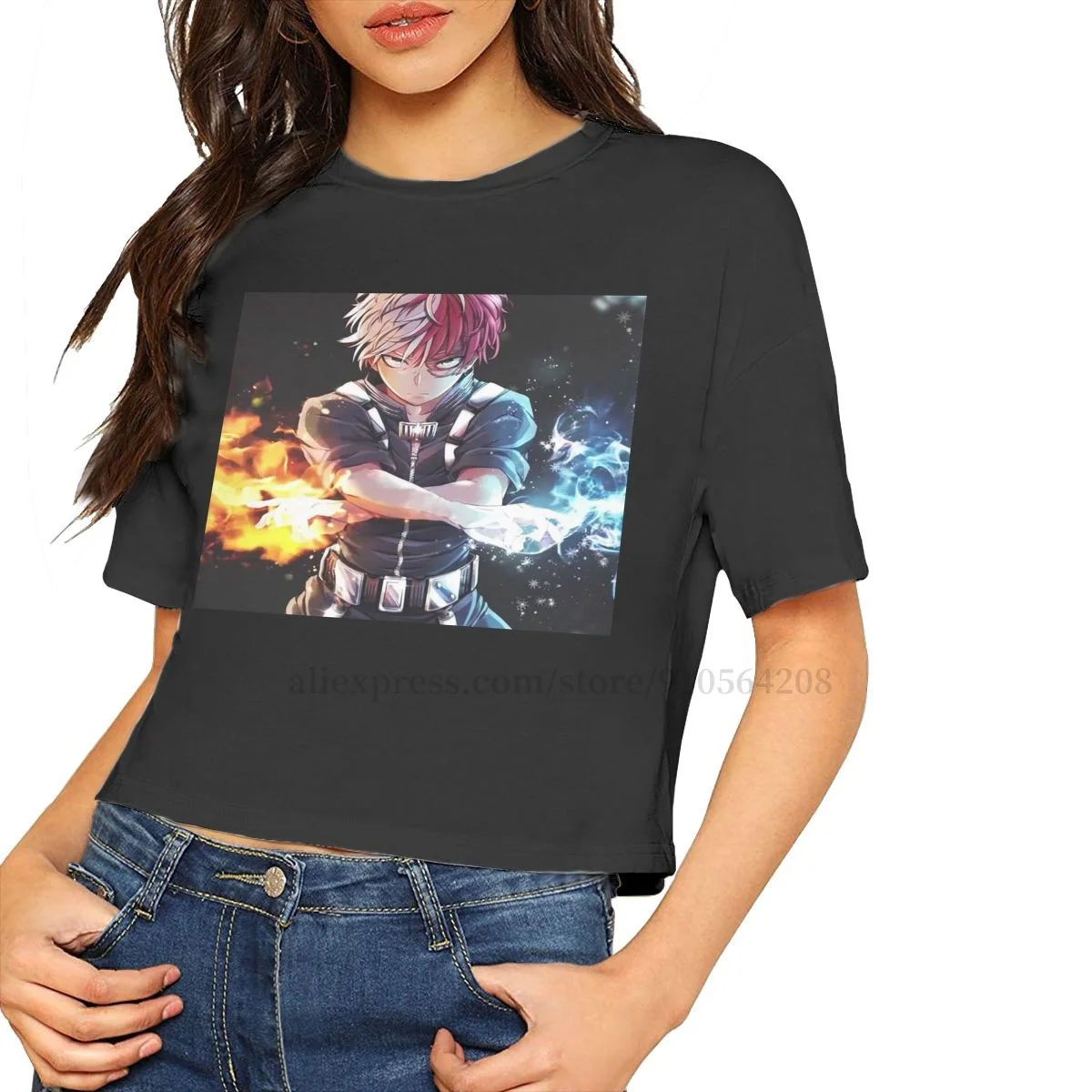 

ZISA My-Hero-Academia T Shirts for Women Leak Navel T Shirt Women Short Sleeve Tee Casual Cotton T Shirt Crop Top