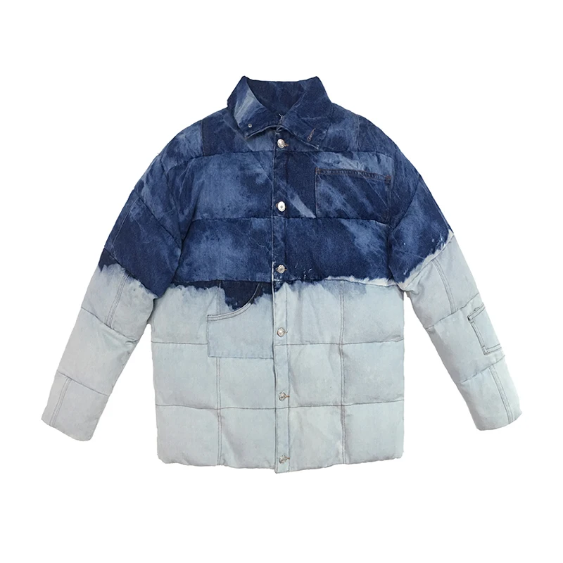 

Tie-Dyed Gradient Denim Jacket Coat Street Fashion Single-breasted Lapel Thick Warm Harajuku Jackets Winter Clothes Women 2020