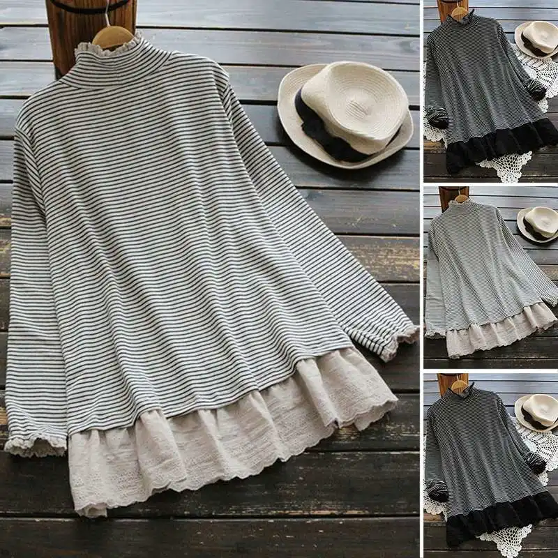

ZANZEA Autumn Spring Lace Patchwork Shirt Casual Long Sleeve Striped Blouse Vintage Turtleneck Tops Plus Size Chemise Blusas