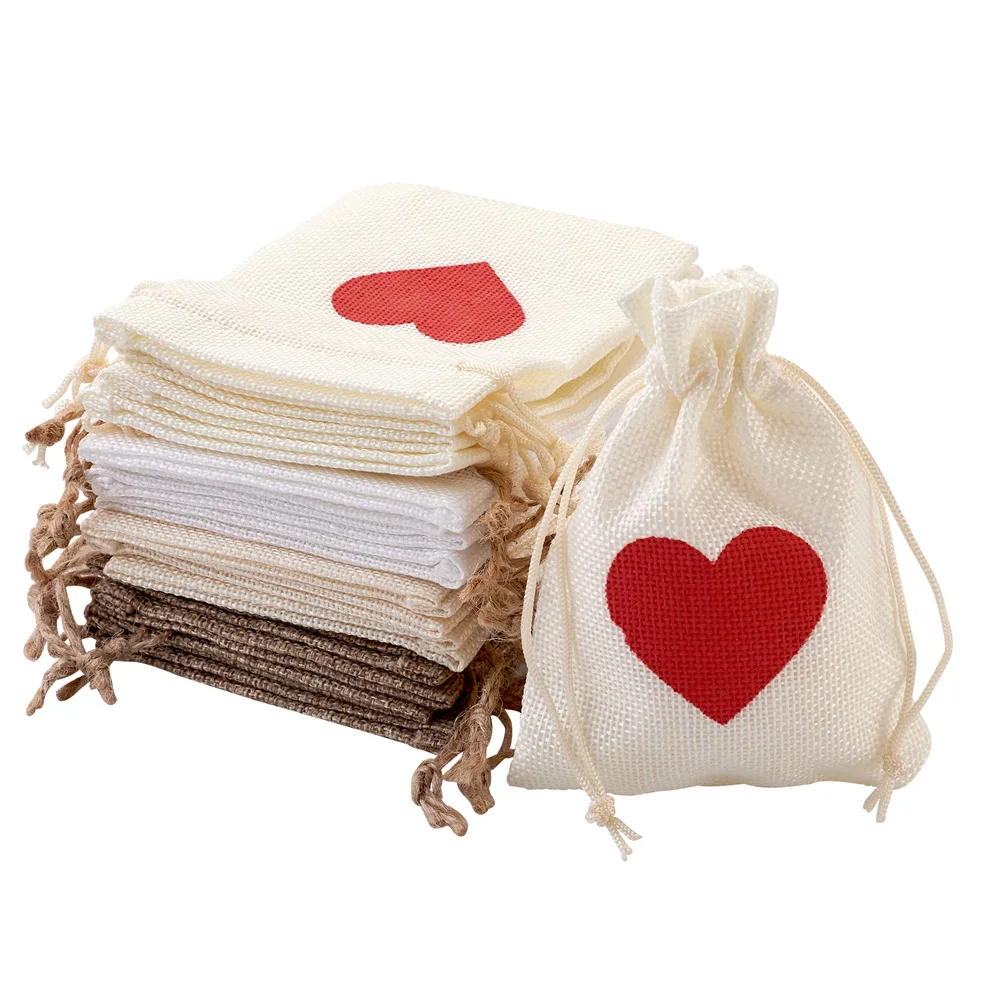 

24Pcs/Set Heart Printed Jute Burlap Bags Packing Drawstring Pouches For Favor Candy Present Jewelry Making Packaging Display