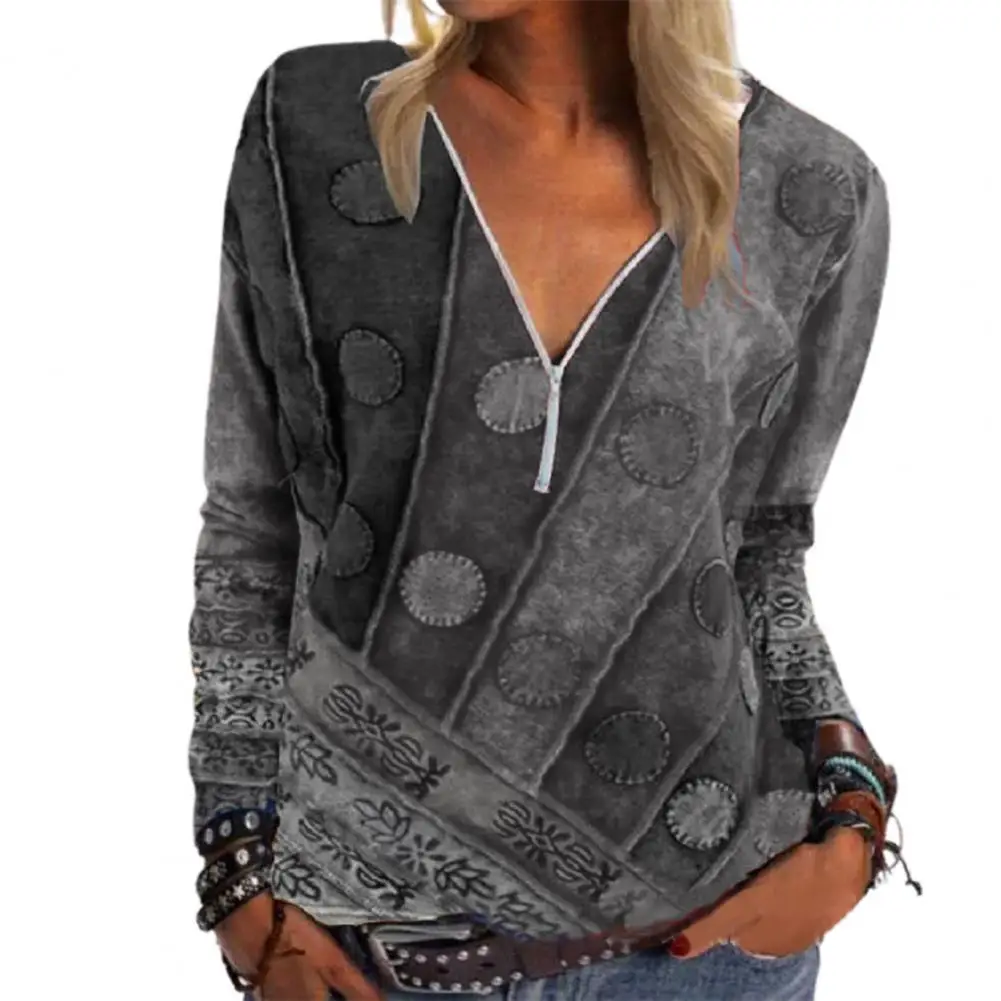 

2021 Spring and Summer New Fashion Women's T-shirt Vintage Printed Zipper V-neck Long Sleeve T-shirt Casual Plus Size Soft Top
