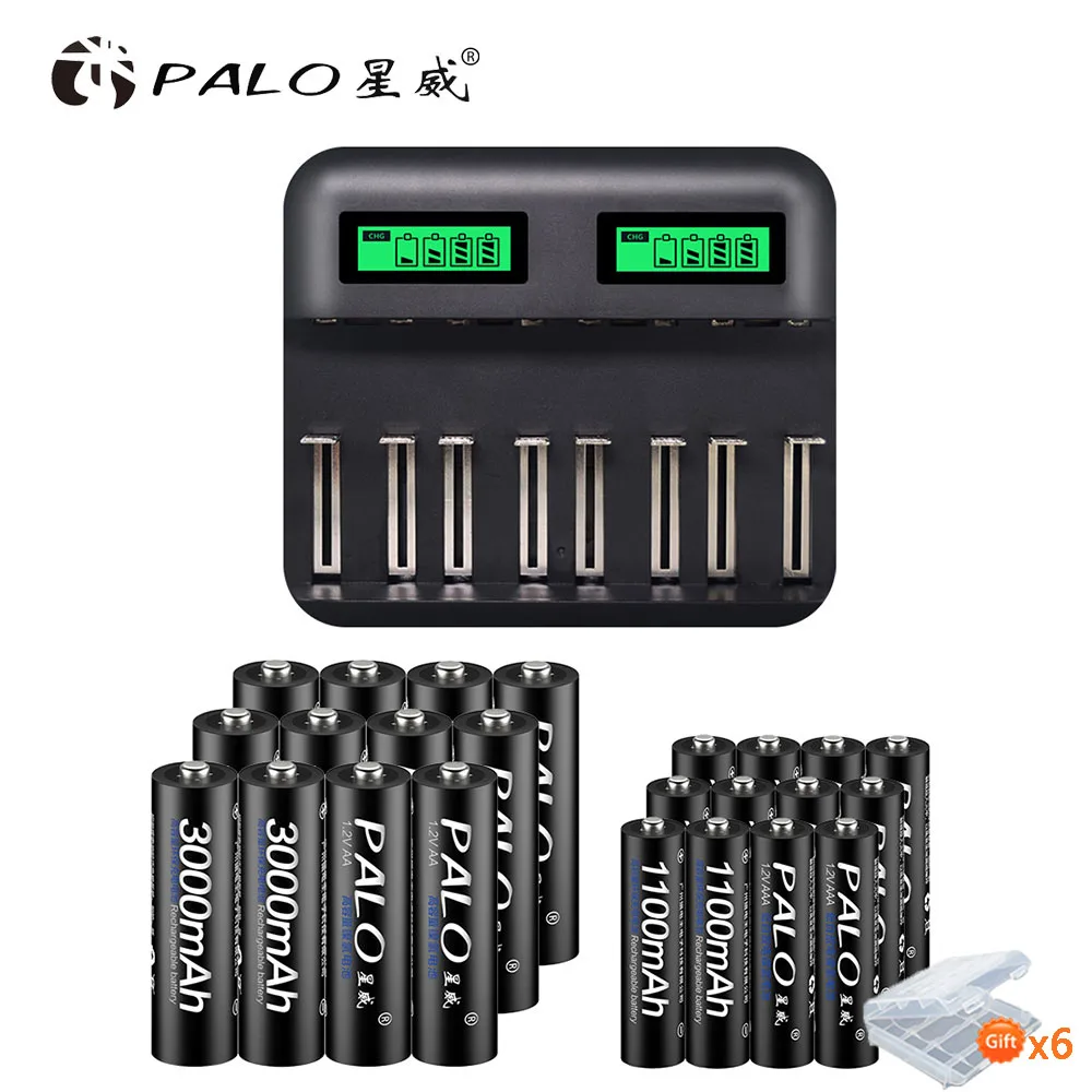 Palo USB Smart lcd зарядное устройство для аккумуляторов AA AAA SC C D Размер 1,2 в+ 16 шт. AA батарея+ 16 шт. AAA батарея для игрушек камера - Цвет: with 12AA and 12AAA