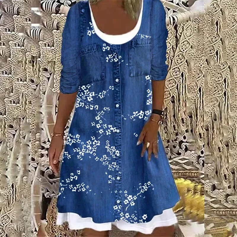 

Elegant Digital Print Fake Two-piece Denim Long-sleeved Dress Women Autumn Winter Casual Loose Vintage Fashion Dresses
