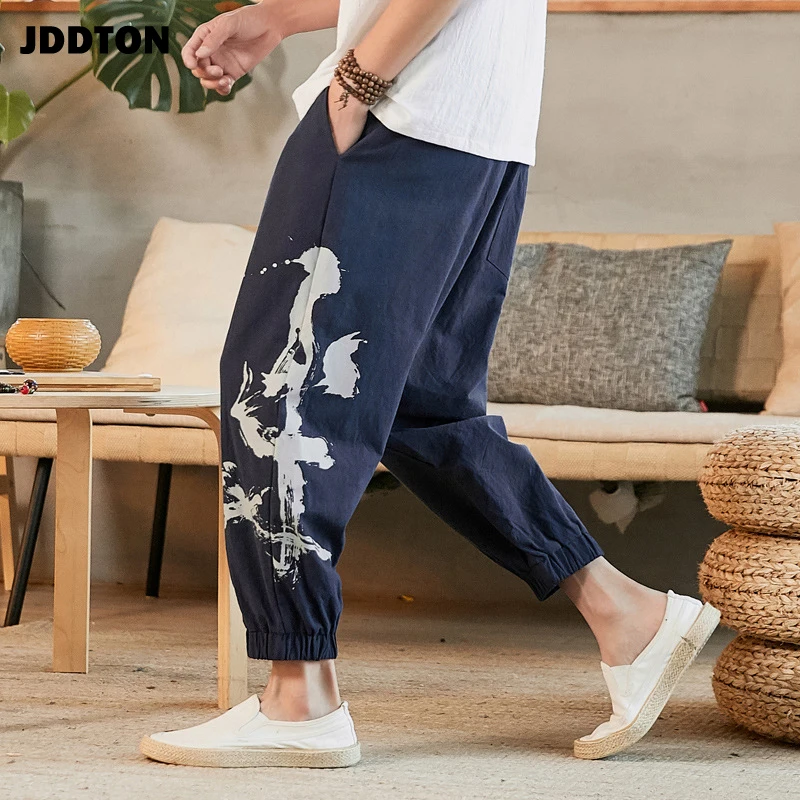 Мужские хлопковые и льняные шаровары JDDTON повседневные свободные штаны в