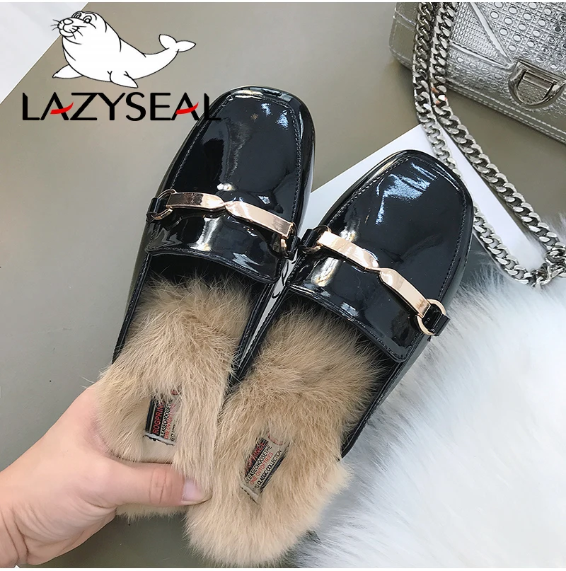 LazySeal туфли без задника с натуральным мехом; женские тапочки с квадратным носом; женские Вьетнамки; женские пушистые шлепанцы; Pantuflas Mujer