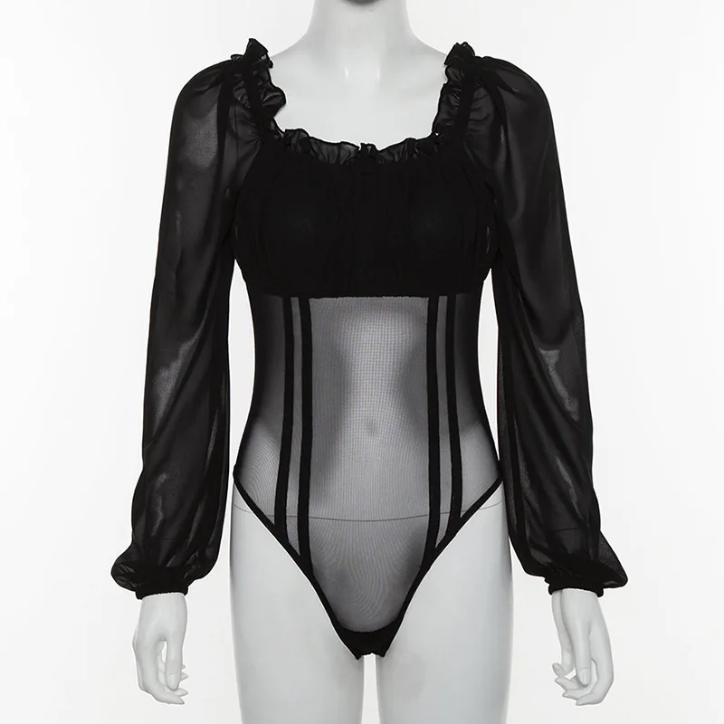 

New women's shoulder perspective mesh stitching wooden ear side long sleeve T-shirt fashion party jumpsuit Female jumpsuit