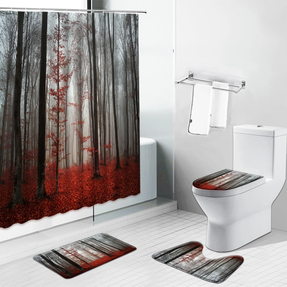 

Fog Forest Shower Curtain Bathroom Curtains Red Trees Leaves Landscape Flannel Non-Slip Rugs Toilet Cover Carpet Bath Mat Sets