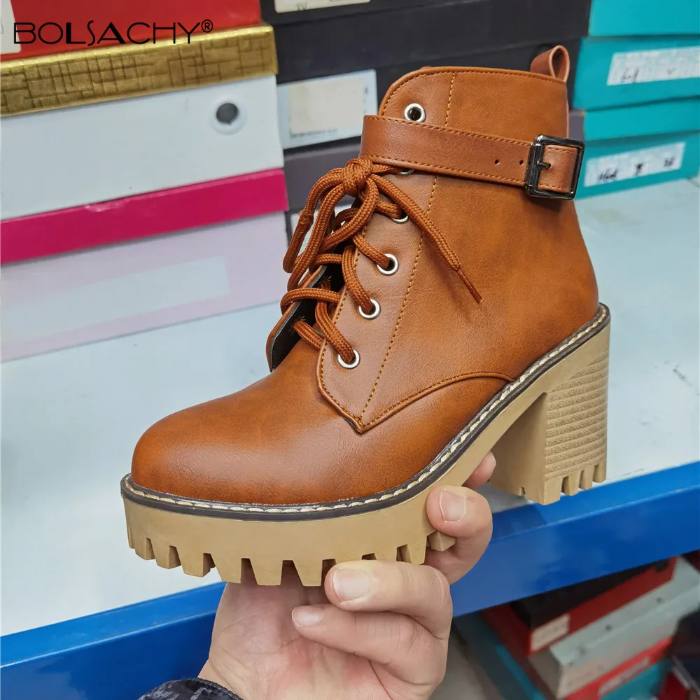 

Boats Mujer 2021 Winter Shoes Woman High Heel Lace Up Ankle Boots Buckle Platform Artificial Leather Ladies Zip Zapatos Mujer