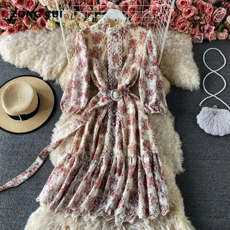 

Женское ажурное платье с воротником-стойкой, кружевное платье во французском стиле с вышивкой и цветочным принтом, тонкое платье с широкой ...